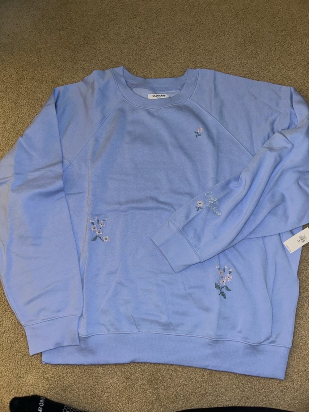 Old Navy Light Blue Crewneck Sweater with Embroidered Floral Accents